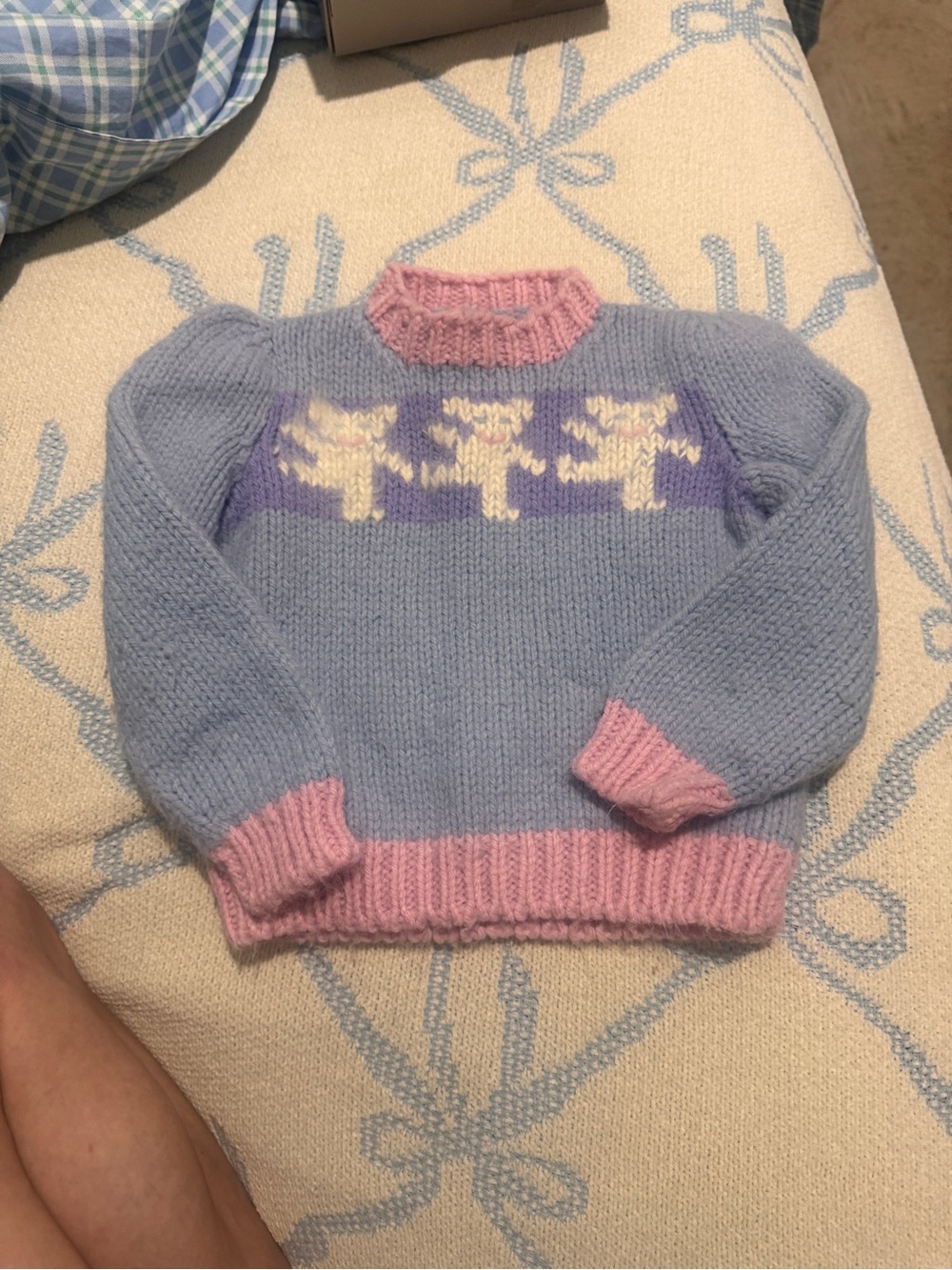 Hand-Knit Light Blue & Pink Sweater with Dancing Bears Grateful Dead